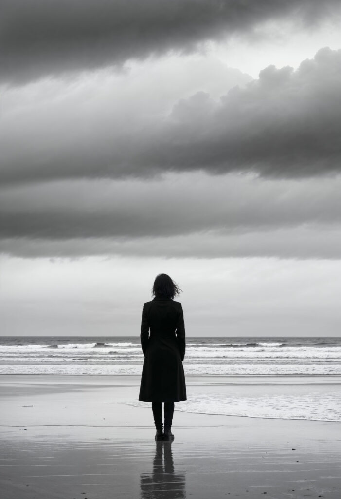 une jeune rédactrice web SEO copywriter storyteller regarde la mer en hiver